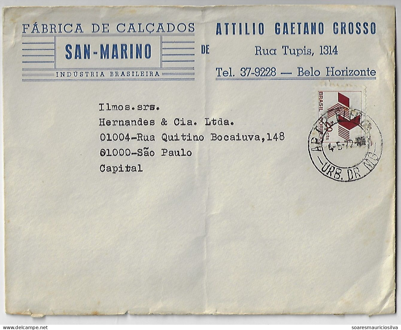 Brazil 1972 San Marino Footwear Factory Attilio Gaetano Grosso Cover Belo Horizonte São Paulo Definitive Stamp 20 Cents - Covers & Documents