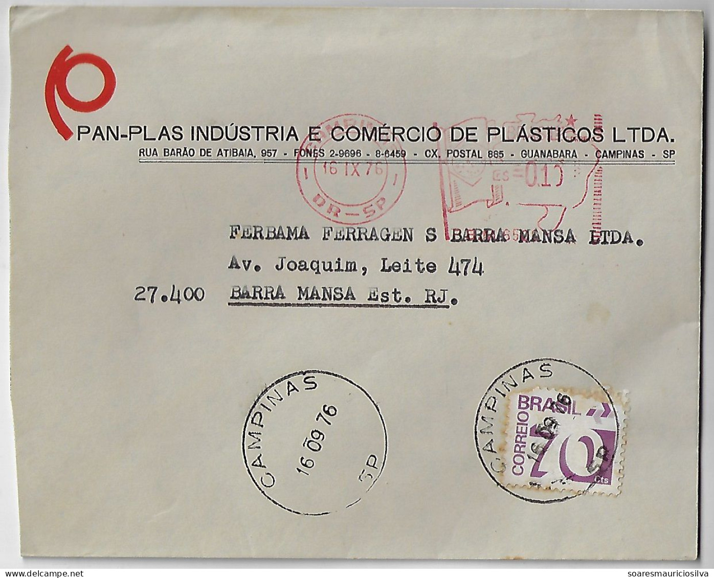 Brazil 1976 Pan-Plas Plastics Industry & Trade Ltd. Cover From Campinas To Barra Mansa Definitive 70 Cents + Meter Stamp - Covers & Documents