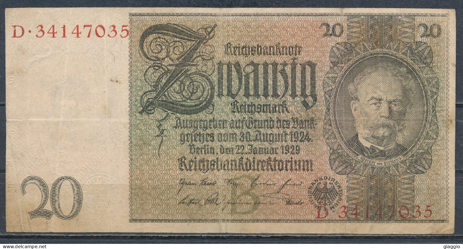 °°° GERMANY - 20 REICHSMARK 1929 SERIE D °°° - 20 Mark
