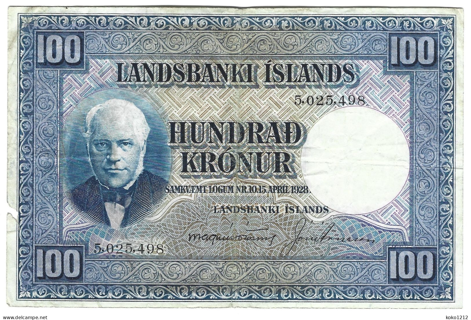 Iceland 100 Kronur 1928 P35a VG+ / VF-* - Islande