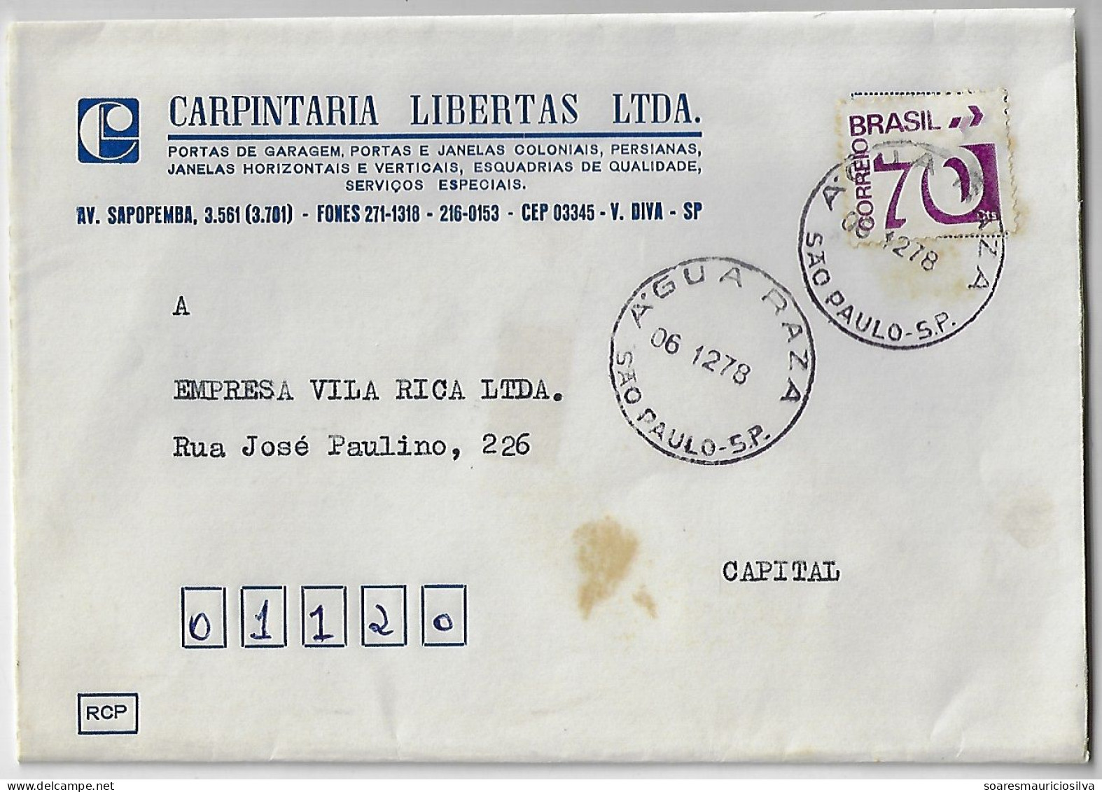 Brazil 1978 Carpentry Libertas Ltd Cover Shipped In São Paulo Agency Água Raza (shallow Water) Definitive Stamp 70 Cents - Lettres & Documents