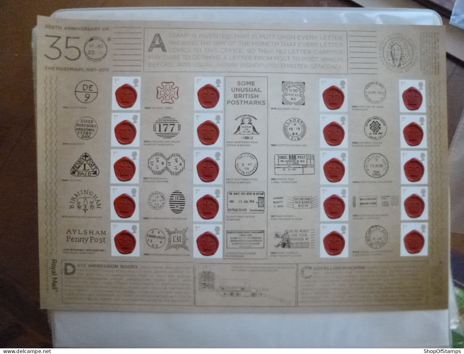 GREAT BRITAIN SG YEAR 2011 POSTMARKS 350 YEARS FULL SHEET OF 20 STAMPS & LABELS - Ganze Bögen & Platten