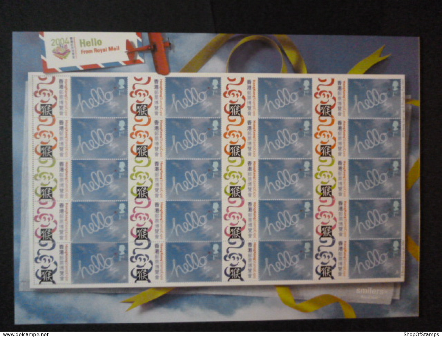 GREAT BRITAIN SG 2262 HELLO FOR HONG KONG STAMP EXPO 2004 20 STAMPS SMILER SHEET WITH GUTTERS & LABELS - Fogli Completi