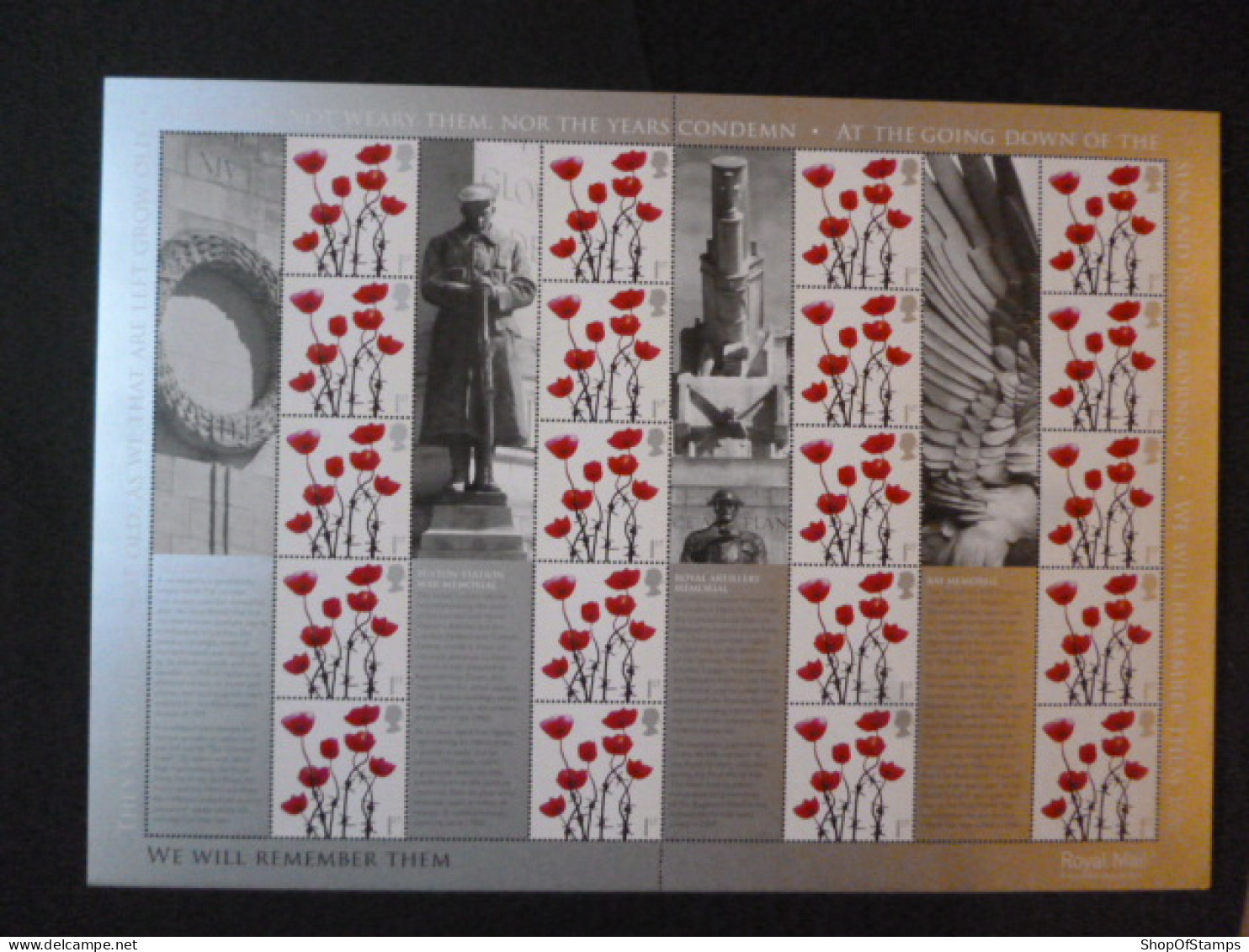 GREAT BRITAIN SG 2883 WE WILL REMEMBER THEM 20 STAMPS SMILER SHEET WITH GUTTERS & LABELS - Sheets, Plate Blocks & Multiples