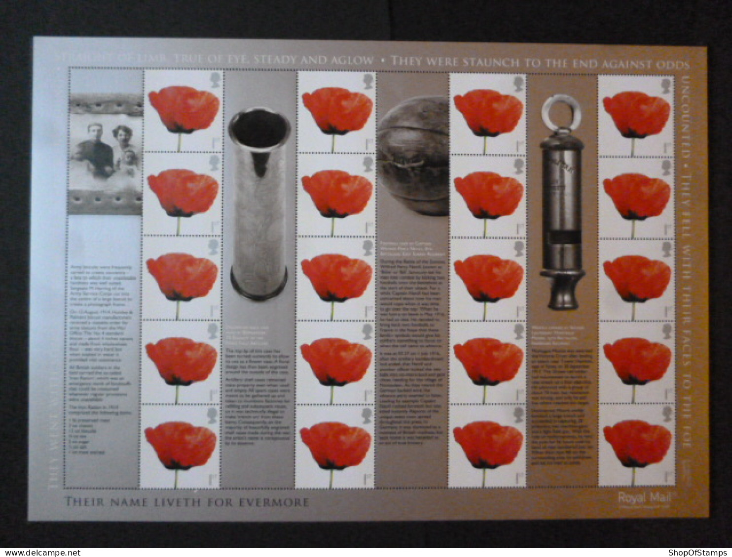 GREAT BRITAIN SG 2885 POPPY FLOWER: THEIR NAMES LIVETH FOR EVERMORE 20 STAMPS SMILER SHEET WITH GUTTERS & LABELS - Volledige & Onvolledige Vellen