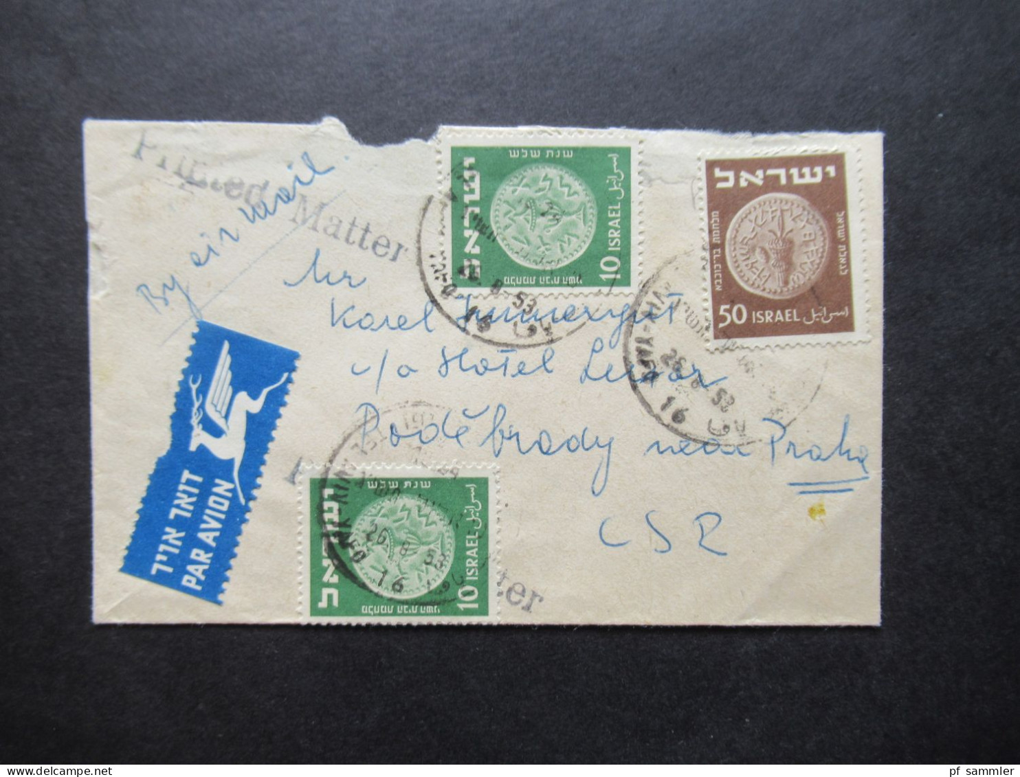 Israel 1953 By Air Mail / Luftpost In Die CSR Stempel L1 Printed Matter / Kleiner Umschlag - Cartas & Documentos