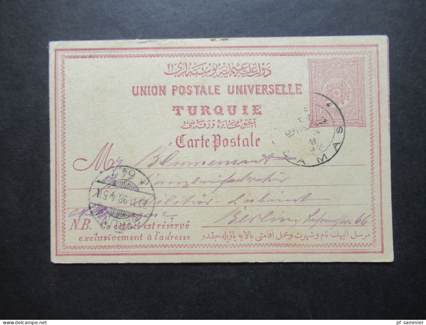 Türkei 1898 Ganzsache Weltpostverein Turquie Stempel Damas / Damaskus Nach Berlin Gesendet Mit Ank. Stempel / Militär - Covers & Documents