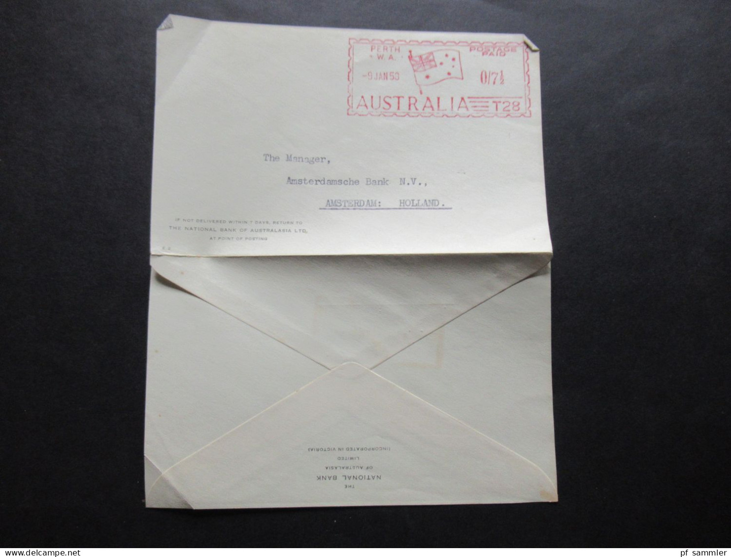 Australien 1958 Auslandsbrief Der National Bank Of Australia Mit Freistempel Perth WA Postage Paid Australia T 28 - Storia Postale