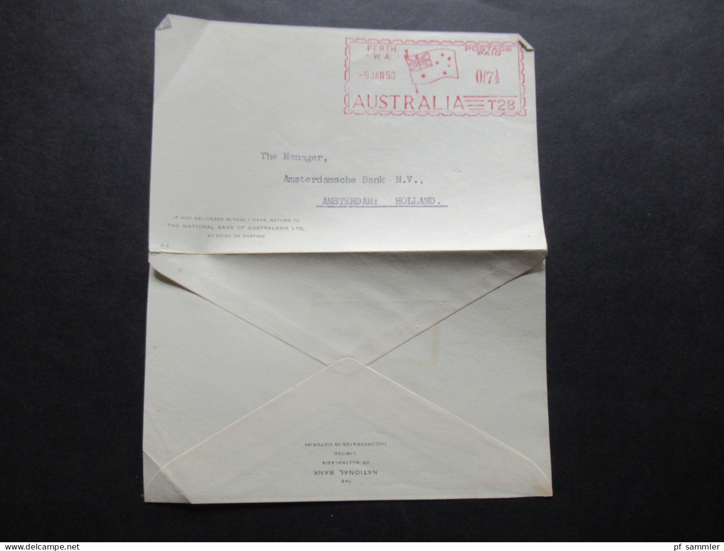 Australien 1958 Auslandsbrief Der National Bank Of Australia Mit Freistempel Perth WA Postage Paid Australia T 28 - Covers & Documents