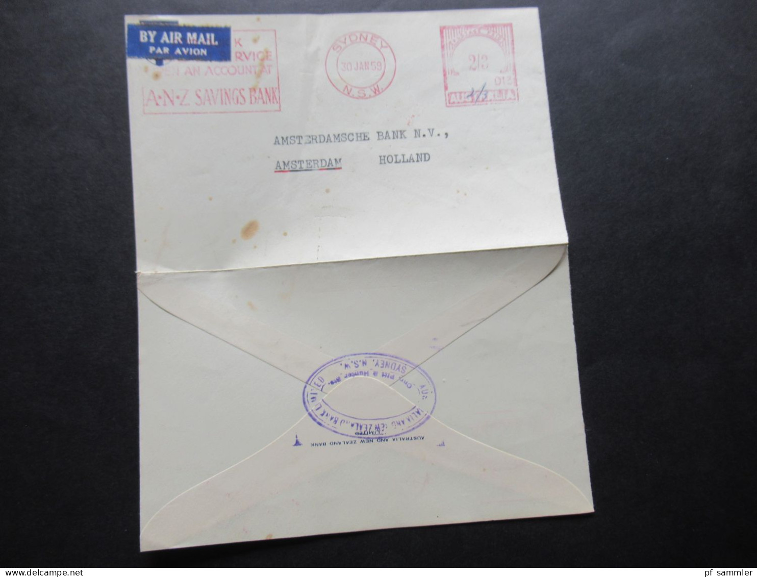 Australien 1959 Auslandsbrief Nach Amsterdam Mit Freistempel AFS ANZ Savings Bank Sydney NSW Postage Pad - Covers & Documents