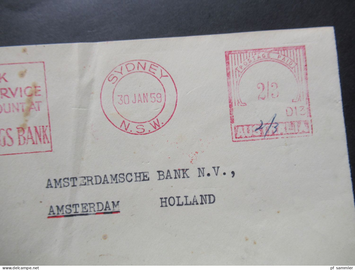 Australien 1959 Auslandsbrief Nach Amsterdam Mit Freistempel AFS ANZ Savings Bank Sydney NSW Postage Pad - Briefe U. Dokumente