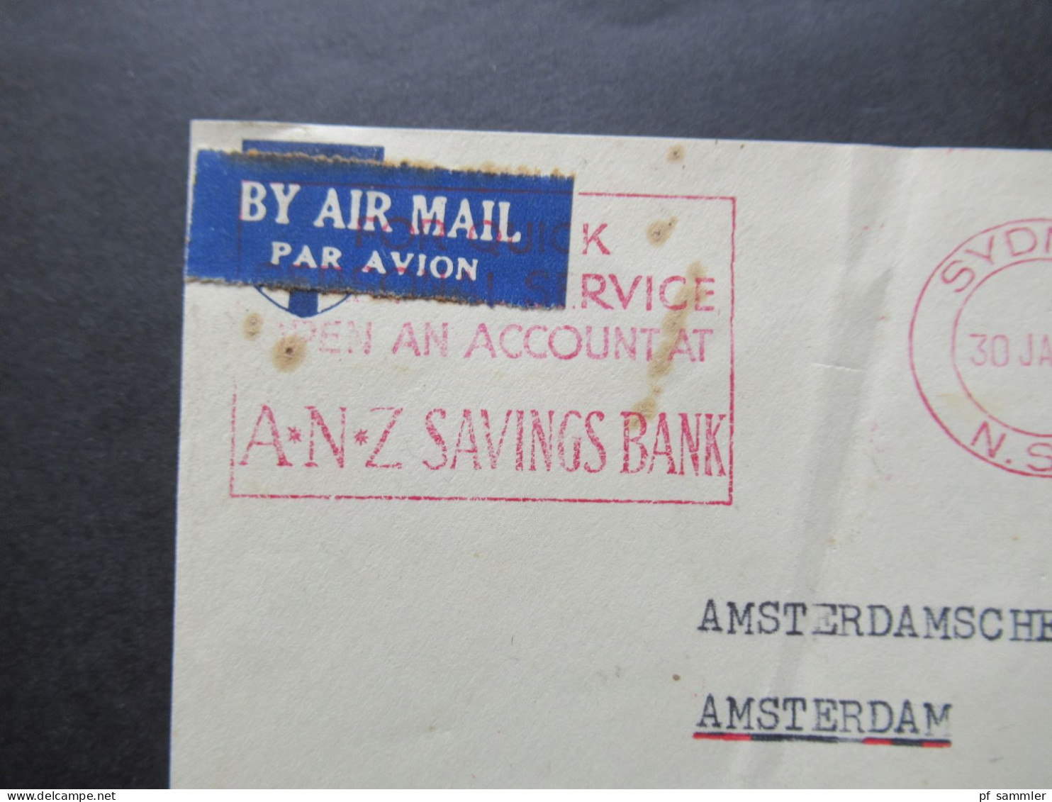 Australien 1959 Auslandsbrief Nach Amsterdam Mit Freistempel AFS ANZ Savings Bank Sydney NSW Postage Pad - Brieven En Documenten