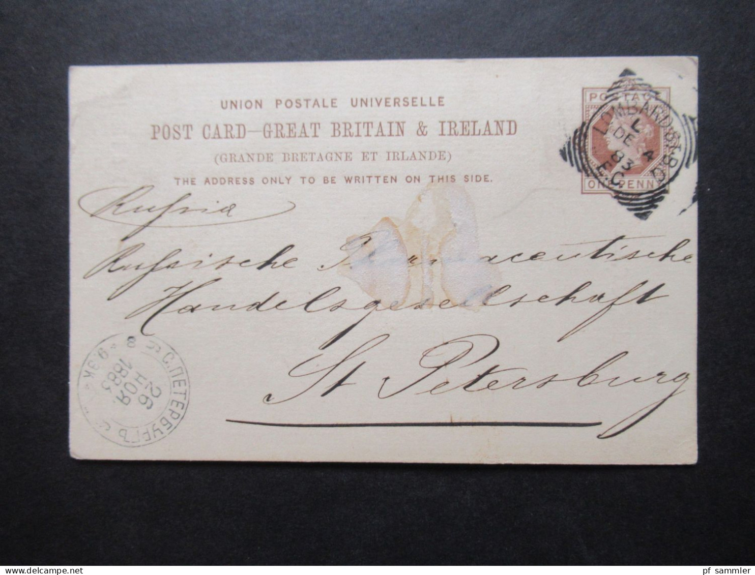 GB 1883 Ganzsache Als Auslands PK Nach Russland St. Petersburg Mit Ank. Stempel / Bedruckte PK London Burgoyne Farries - Otros & Sin Clasificación