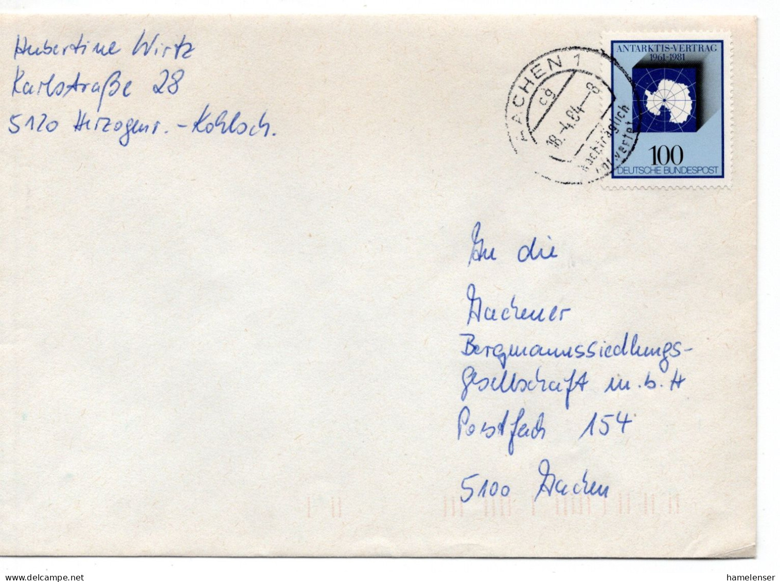 67187 - Bund - 1984 - 100Pfg Antarktisvertrag EF A Bf Herzogenrath -> AACHEN - NACHTRAEGLICH ENTWERTET - Storia Postale