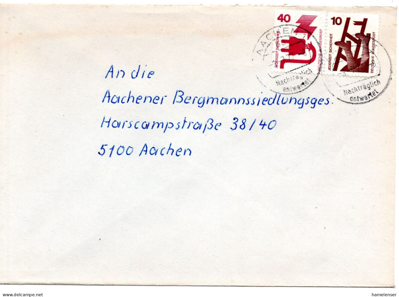 67188 - Bund - 1977 - 40+10Pfg Unfall Zdr A Bf Alsdorf -> AACHEN - NACHTRAEGLICH ENTWERTET - Briefe U. Dokumente