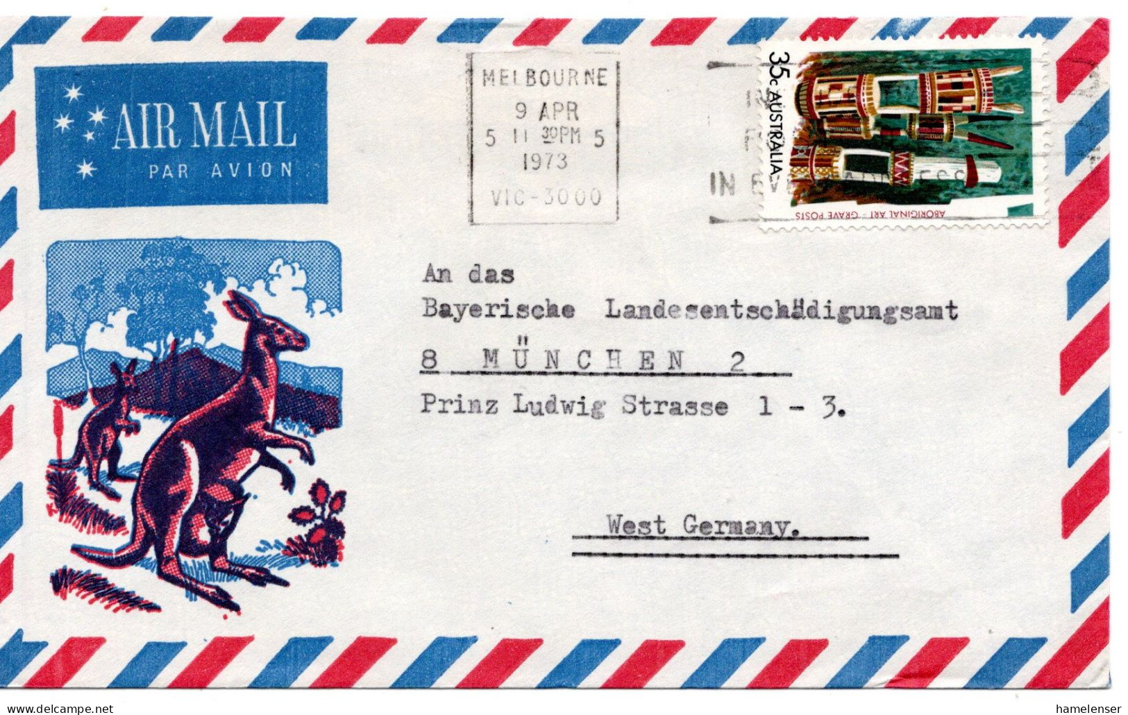 67189 - Australien - 1973 - 35c Aborigine-Kunst EF A LpBf MELBOURNE - ... -> Westdeutschland - Storia Postale