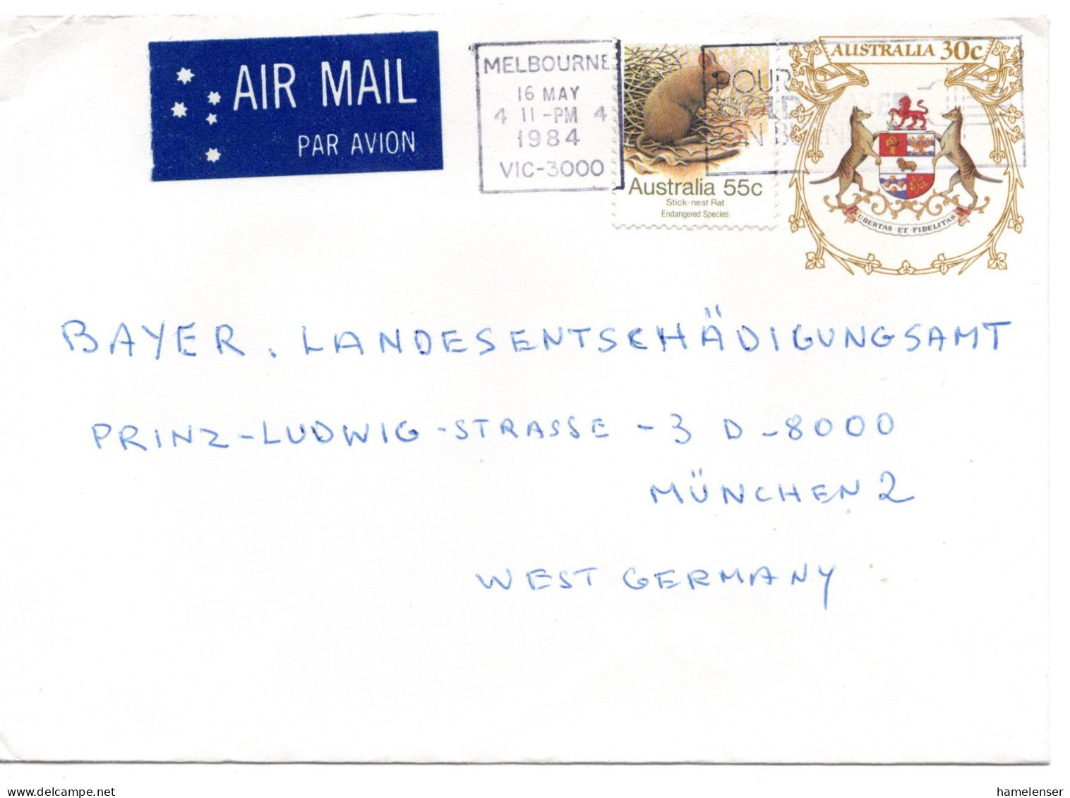 67190 - Australien - 1984 - 30c Wappen GAUmschl M ZusFrankatur Per Lp MELBOURNE - ... -> Westdeutschland - Covers & Documents