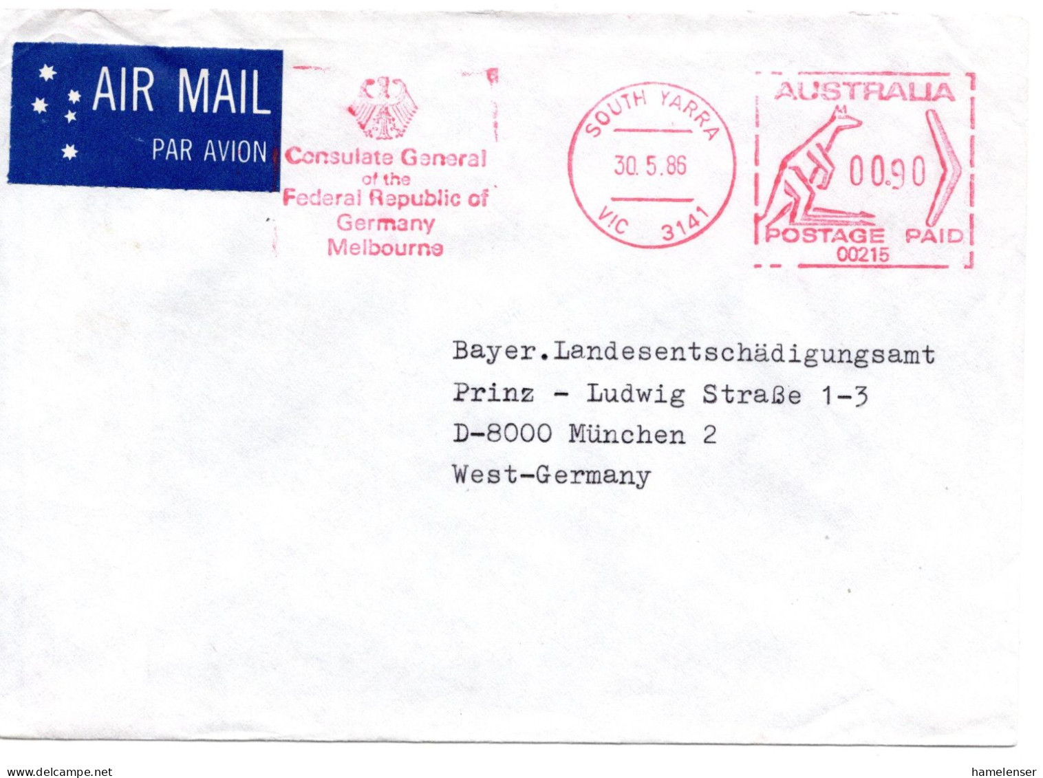 67191 - Australien - 1986 - 90c AbsFreistpl A LpBf SOUTH YARRA -> Westdeutschland, Abs: Dt. Generalkonsulat Melbourne - Briefe U. Dokumente