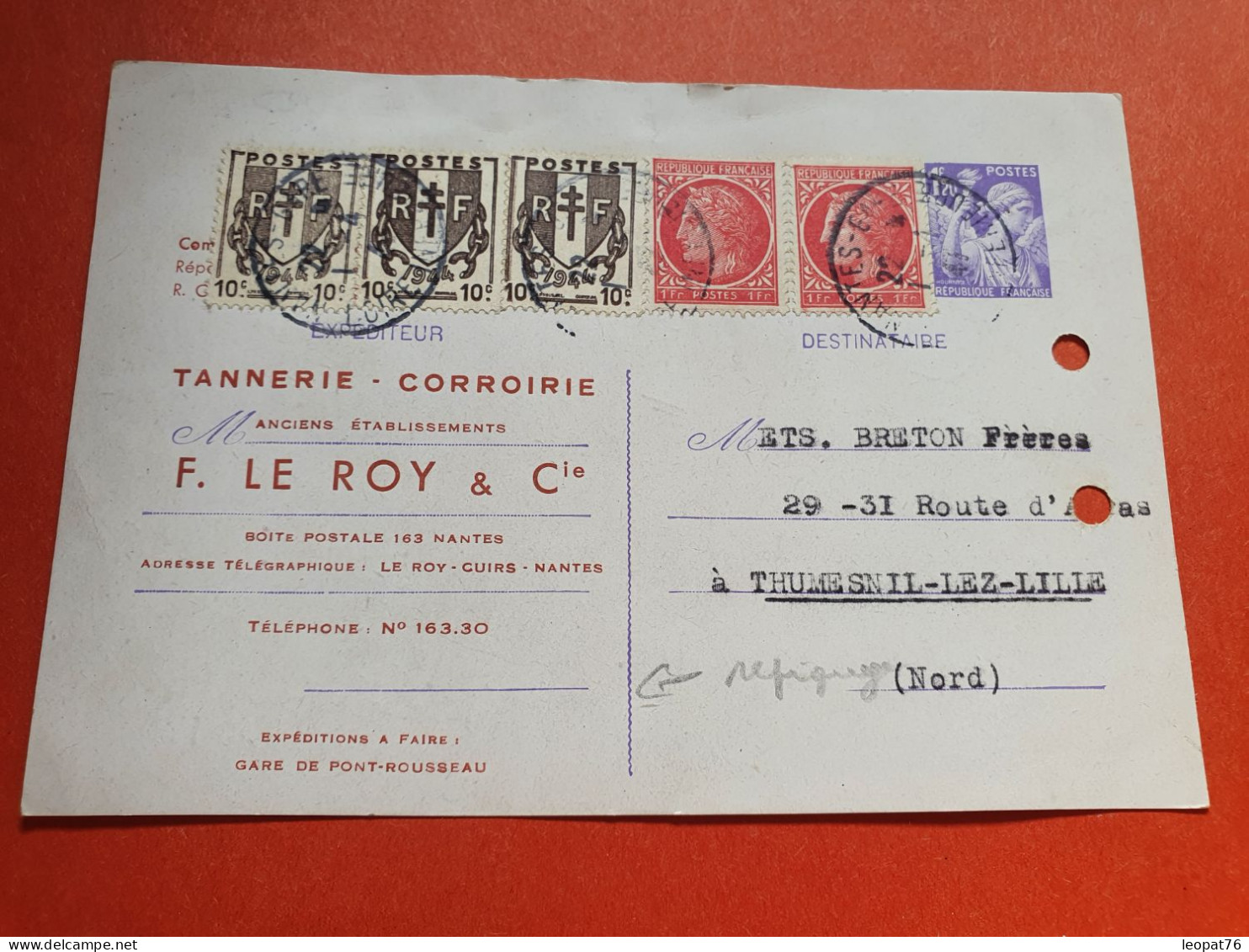 Entier Postal Type Iris Avec Repiquage Commerciale De Nantes ( Tannerie/Corroirie) En 1947 Pour Thumesnil  - Réf J 186 - Postales  Transplantadas (antes 1995)