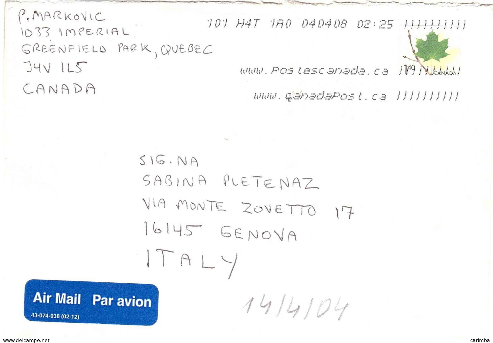 LETTERA PER ITALIA - Storia Postale