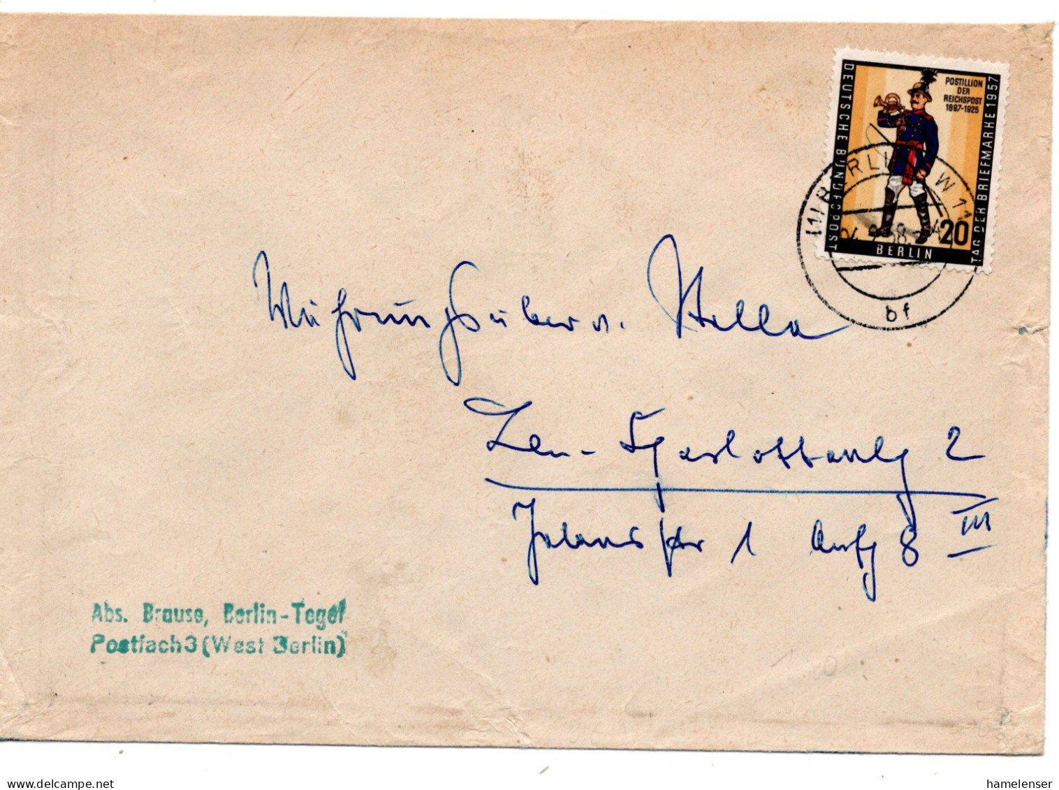 67204 - Berlin - 1958 - 20Pfg Tag Der Briefmarke / Postillon EF A OrtsBf BERLIN - Storia Postale