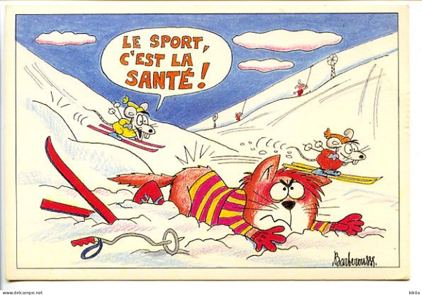 CPSM 10.5 X 15 Illustrateur Barberousse  "le Sport C'est La Santé" Chat Ski  Souris   Rat  Chute  Saut  Teleski - Barberousse