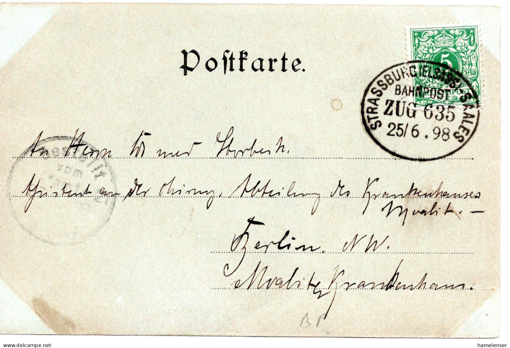 67211 - Deutsches Reich - 1898 - 5Pfg Krone/Adler EF A AnsKte (Ecken Fleckig) Bahnpost STRASSBURG-SAALES -> Berlin - Cartas & Documentos