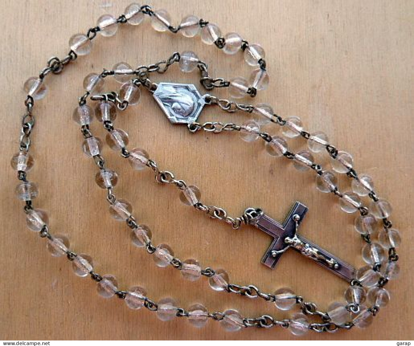 CHAPT-077Chapelet Grains Ronds Cristal De Verre,croix Et Chaine En Ag De 36cm De Long - Art Religieux