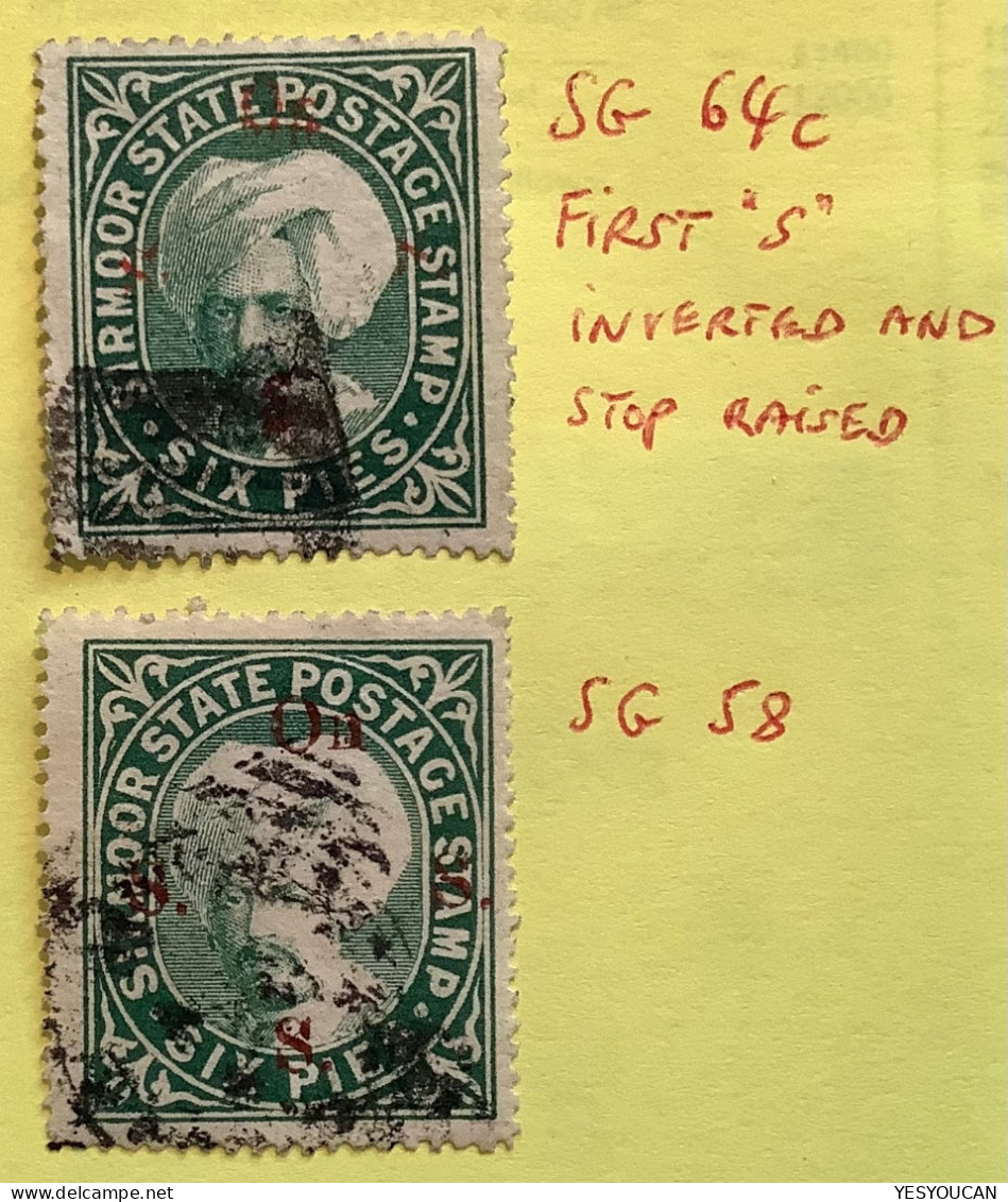 Sirmoor Official Stamps 1892-97 SCARCE VARIETY SG64c+58 6p Green (Inde Etats Princiers India Indian Feudatory States - Sirmur