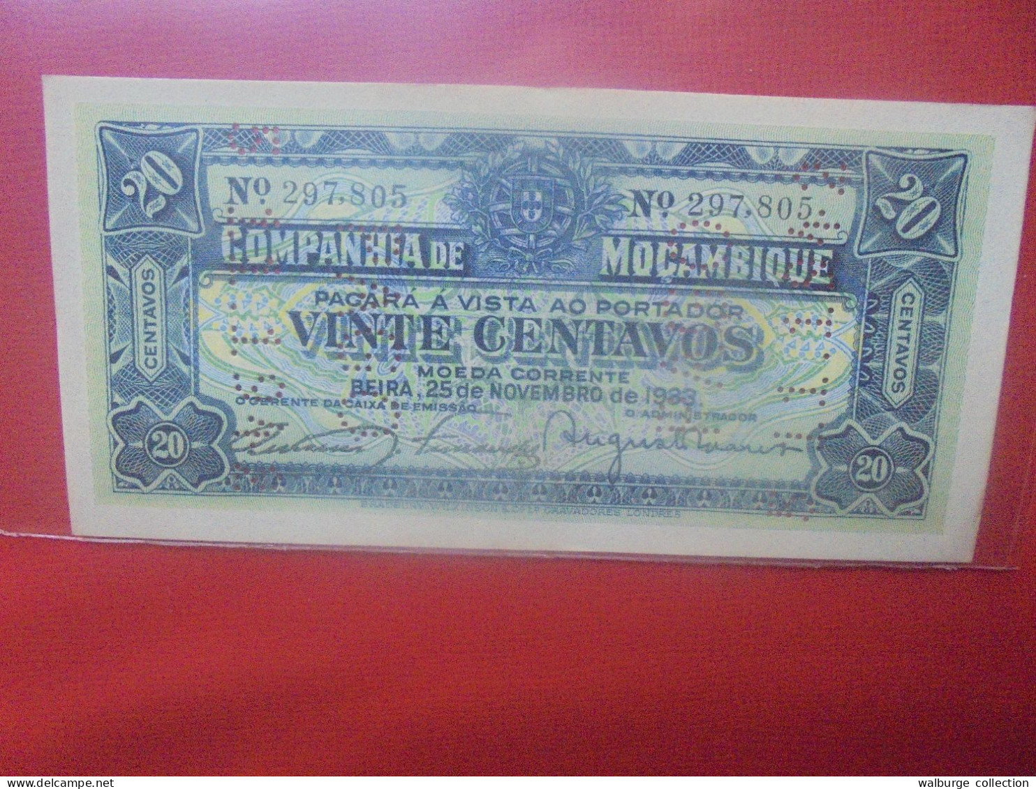 MOZAMBIQUE 20 Centavos Perforé "PAGO 5-11-1942" Circuler (B.29) - Mozambique