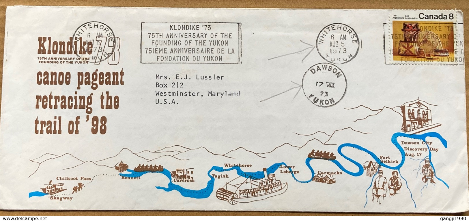 CANADA-1973, ILLUSTRATE COVER, LIMITED ISSUE, USED TO USA, KLONDIKE 75TH ANV. YUKON, MACHINE SLOGAN, MAP, PEOPLE, SHIP. - Brieven En Documenten