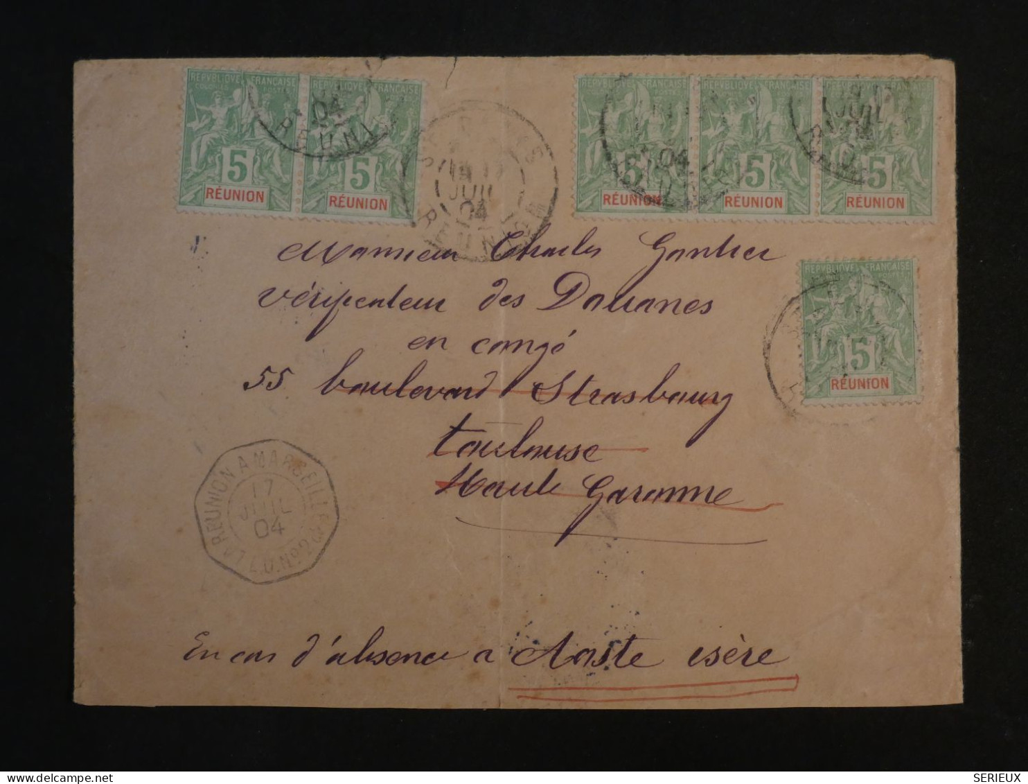 BU8  ILE DE LA REUNION  BELLE LETTRE 1904  ST DENIS A TOULOUSE FRANCE +C. OCTOGONAL  MARSEILLE +BANDE ET PAIRE DE 5C - Briefe U. Dokumente