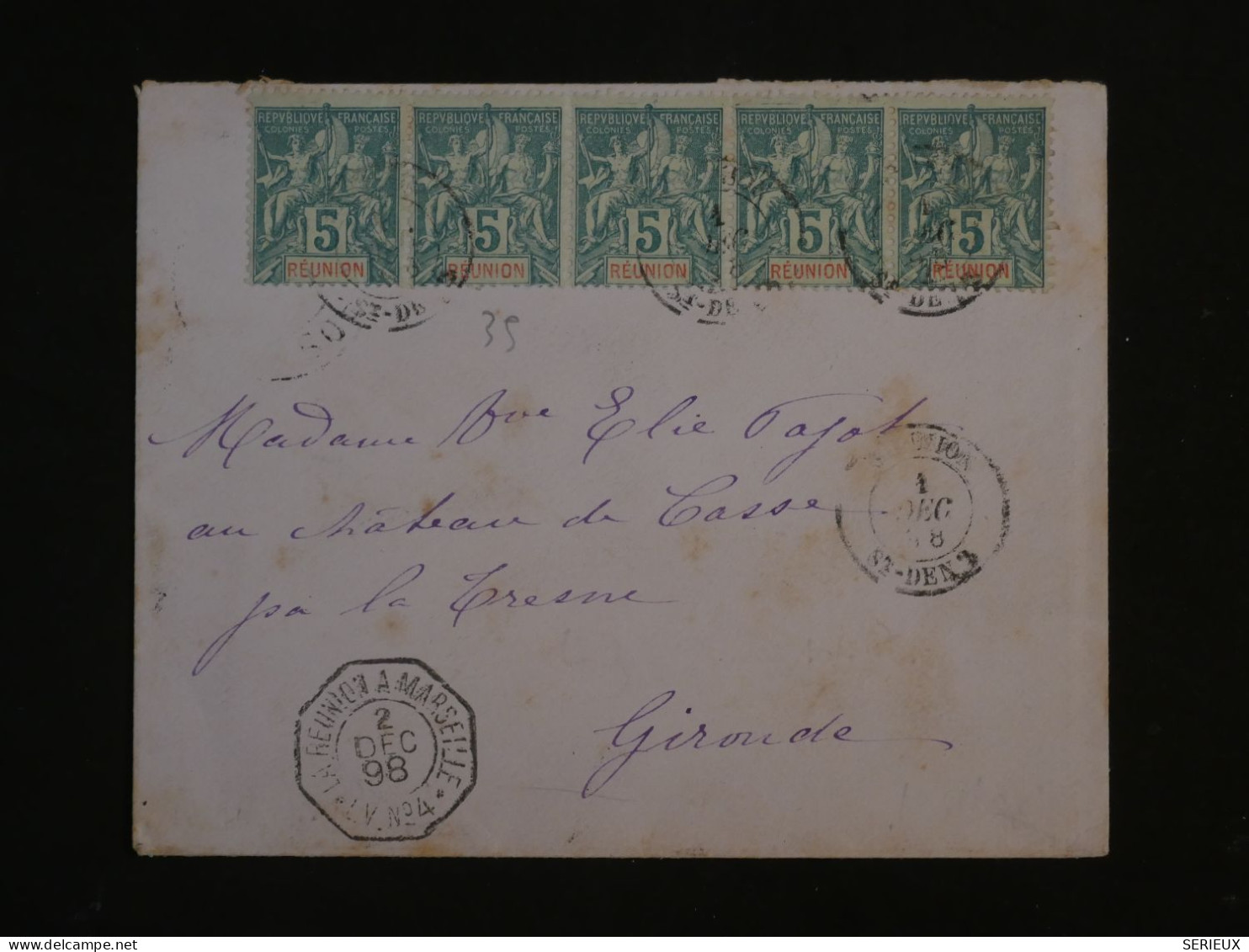 BU8  ILE DE LA REUNION  BELLE LETTRE RARE 1 DEC. 1898  FRANCE +BANDE DE 5 TP 5C +AFF. INTERESSANT++ - Cartas & Documentos