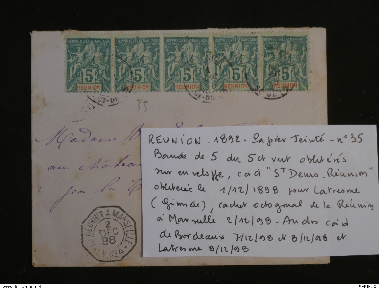 BU8  ILE DE LA REUNION  BELLE LETTRE RARE 1 DEC. 1898  FRANCE +BANDE DE 5 TP 5C +AFF. INTERESSANT++ - Cartas & Documentos