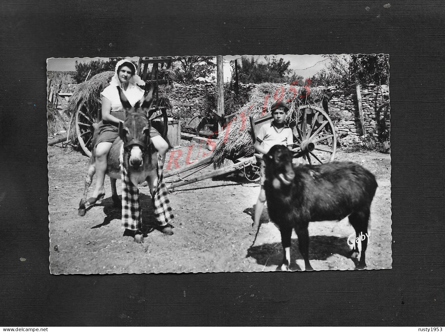 CPSM  CARTE PHOTO AGRICULTURE FERME JEUNE FEMME SUR UN ANE & GARÇON AVEC UNE CHÈVRE A ILE DE RÉ : - Anes