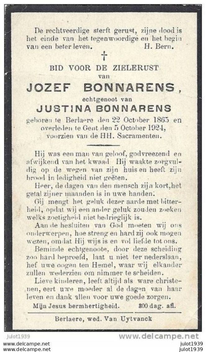 BERLAERE ..-- Mr Jozef BONNARENS , Echtgenoot Van Justina BONNARENS , Geboren Op 1865 , Overleden Op 1924 Te GENT .  . - Berlaar