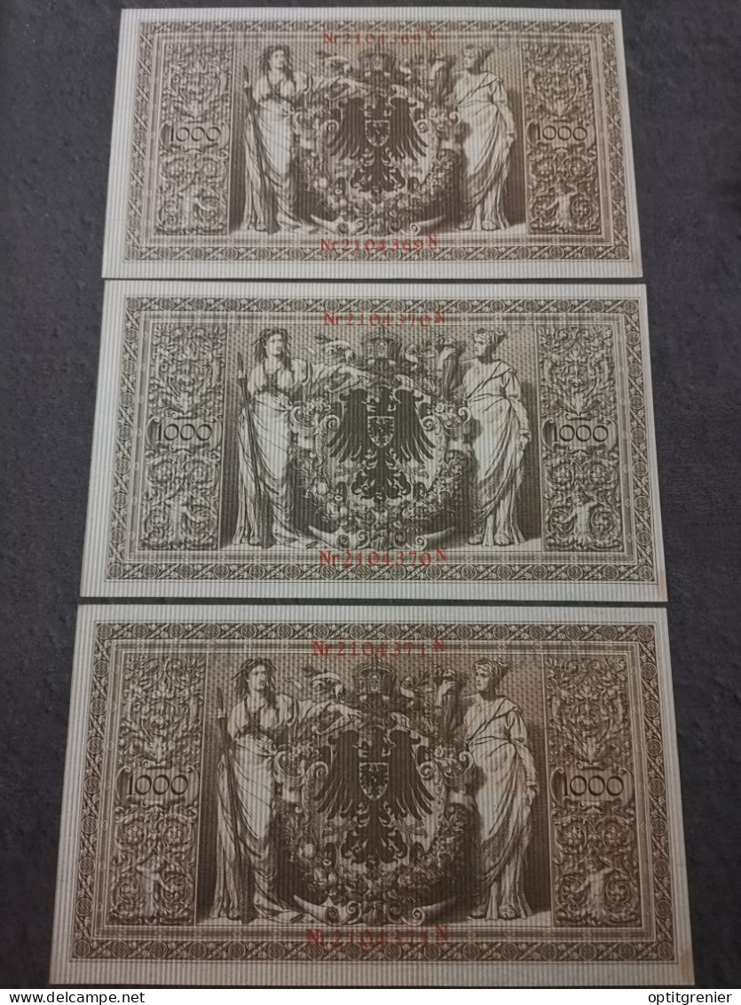 LOT 3 BILLETS N° SUIVIS 1000 MARK A 21 04 1910 BERLIN SERIE T REICHSBANKNOTE ALLEMAGNE - 1000 Mark