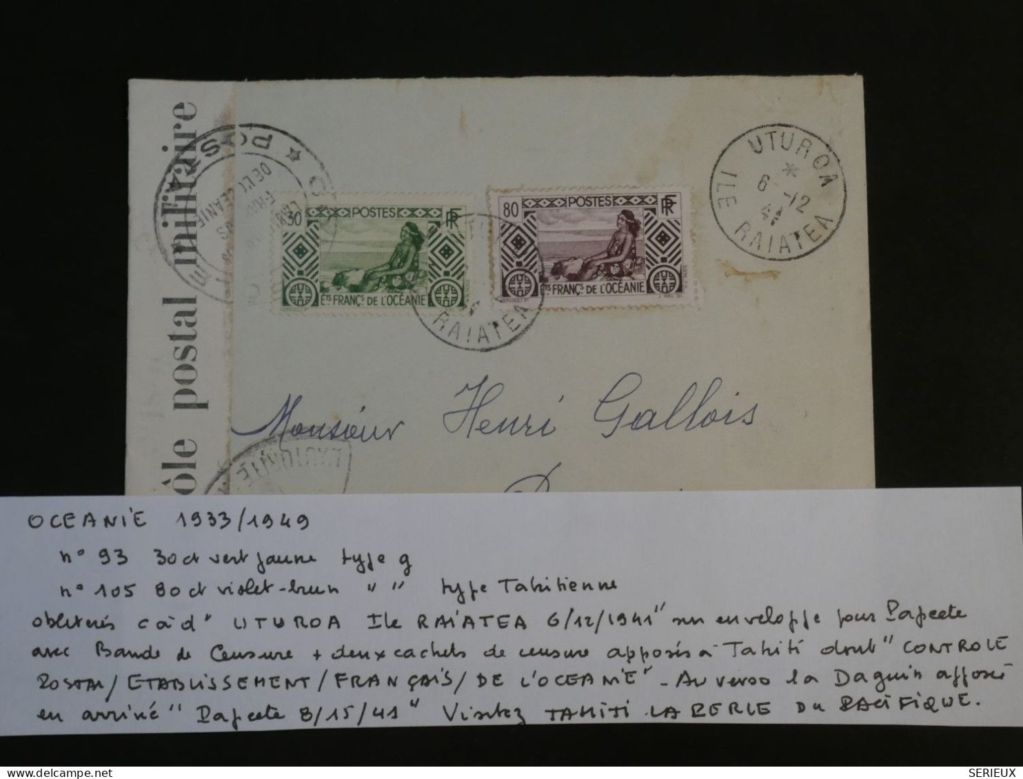 BU8 ET. OCEANIE  BELLE LETTRE CENSUREE  RARE  1941  PETIT BUREAU UTUROA  RAATEIA A  PAPEETE +AFF. PLAISANT++ - Lettres & Documents