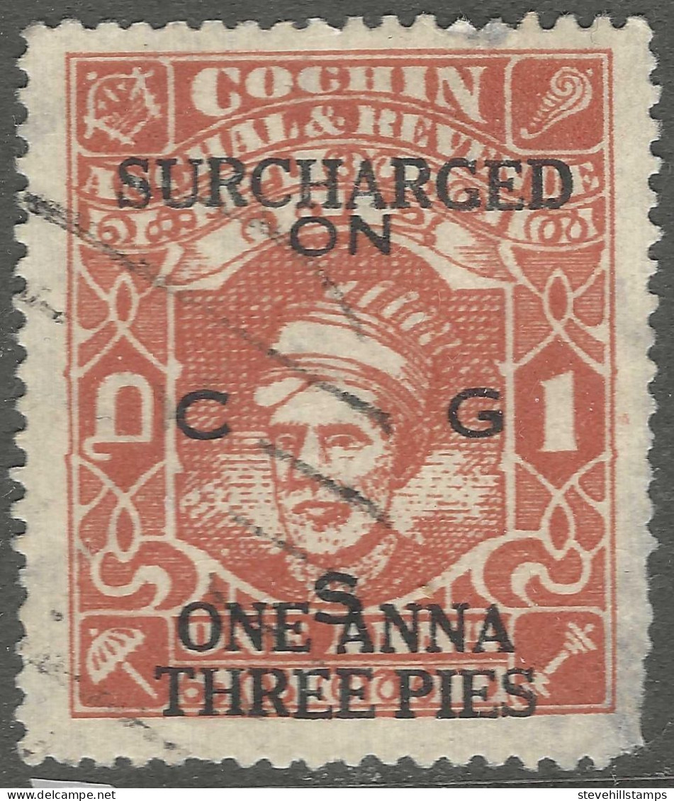 Cochin(India). 1944 Maharaja Kerala Varma II. Official. Surcharged. 1a3p On 1a Used. SG O80 - Cochin