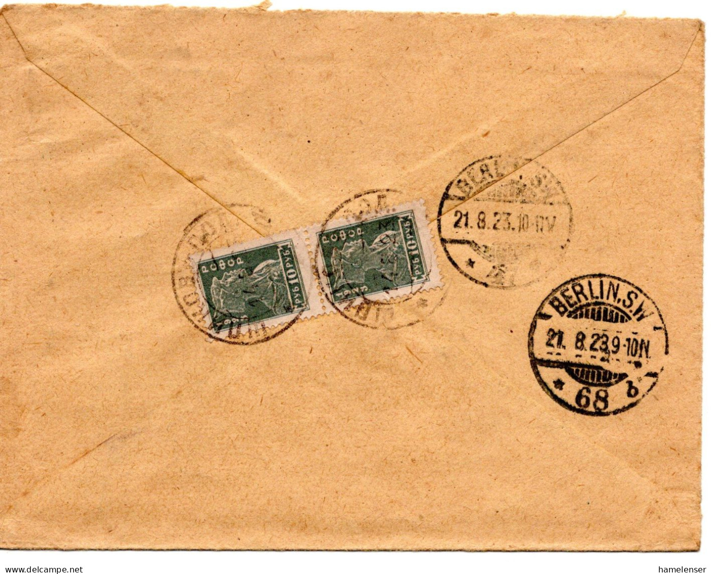 67214 - Russland / UdSSR - 1923 - 2@10Rbl A R-Bf SHPIKOV -> BERLIN (Deutschland) - Cartas & Documentos