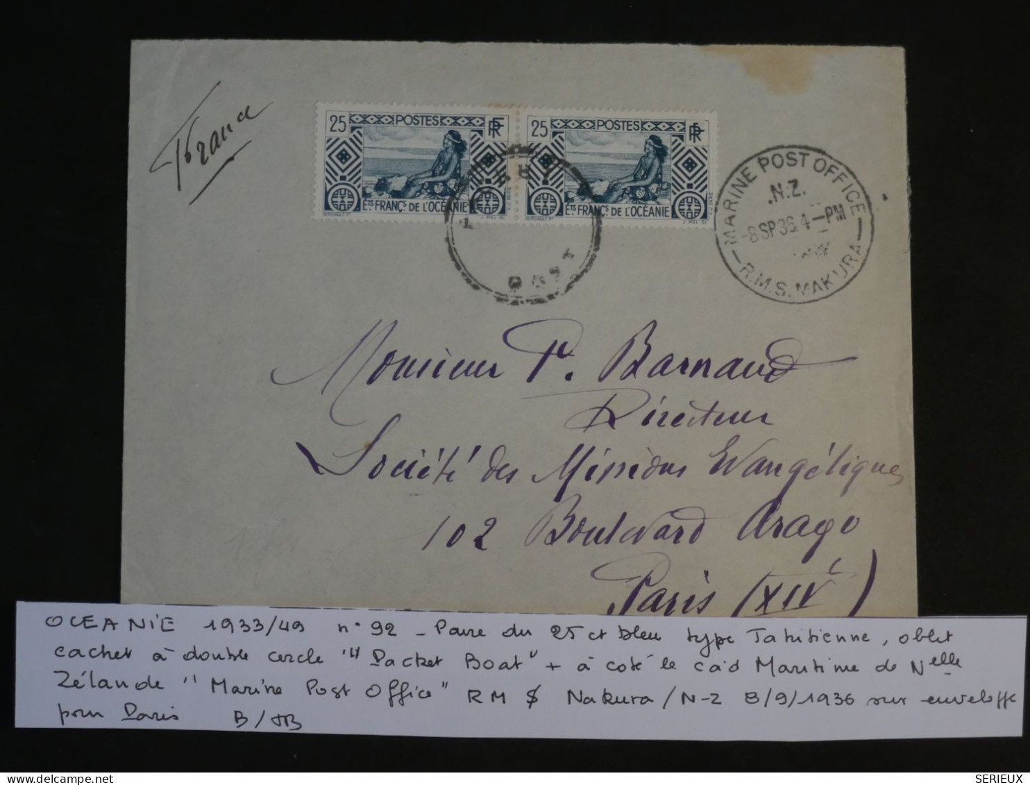 BU8 ET. OCEANIE  BELLE LETTRE   RRR  1939 RMS MAKURA A  PAPEETE +CACHET EVIDé+AFF. PLAISANT++ - Covers & Documents