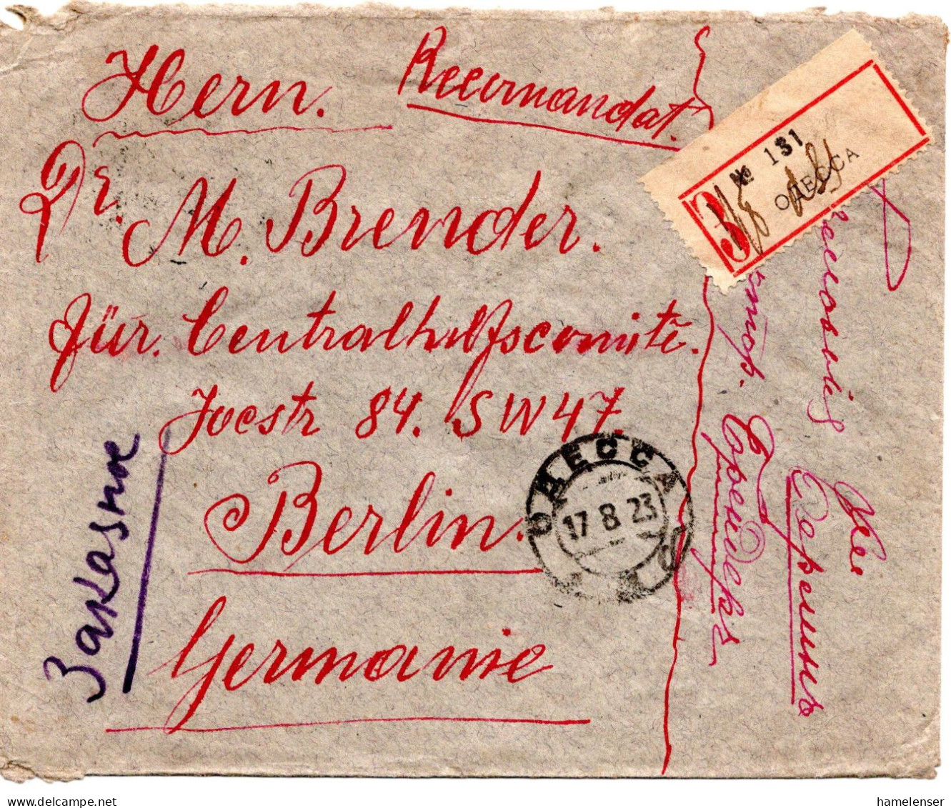 67218 - Russland / UdSSR - 1923 - 2@10Rbl A R-Bf ODESSA -> BERLIN (Deutschland) - Covers & Documents