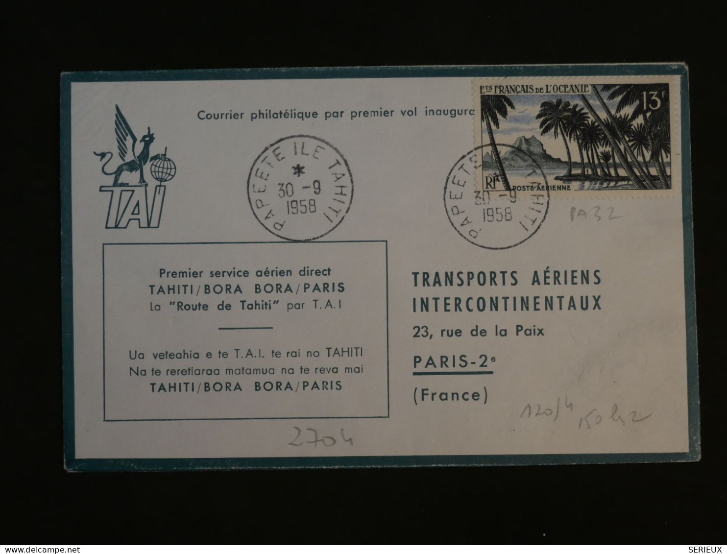BU8 ET. OCEANIE  BELLE LETTRE   RRR  1958 1ER VOL TAHITI A PARIS  +PA  N°32 +AFF. PLAISANT++ - Luftpost