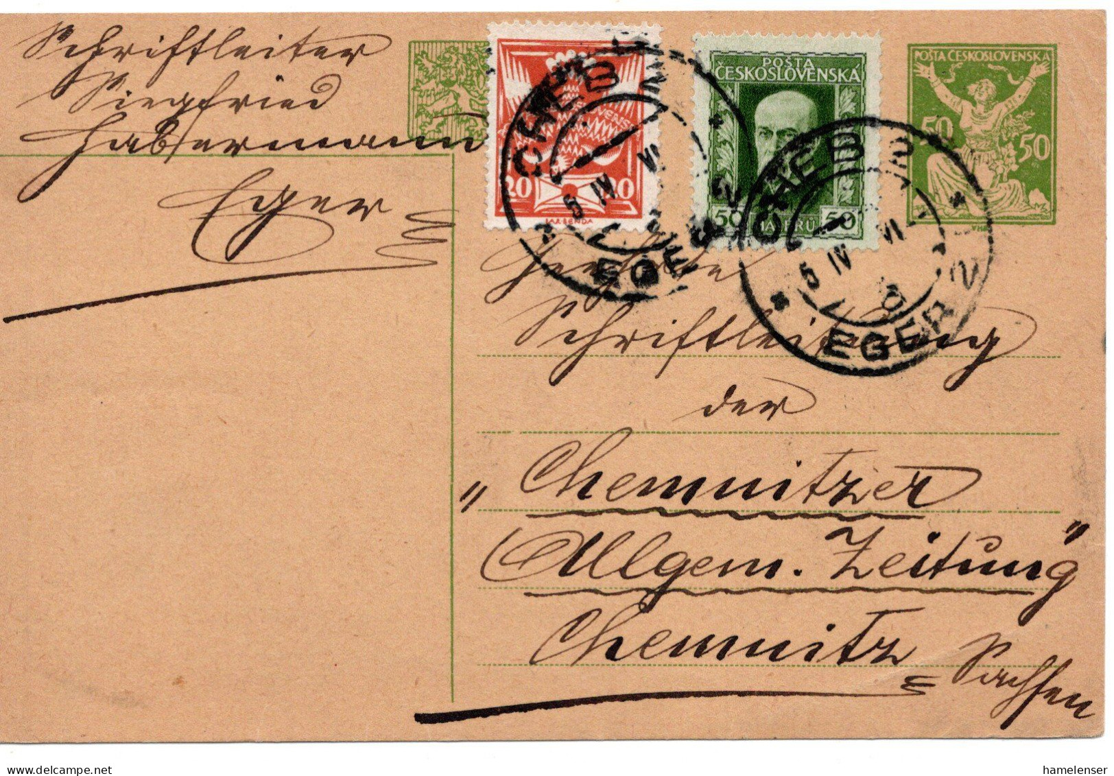 67235 - Tschechoslowakei - 1926 - 50h Allegorie GAKte M ZusFrankatur CHEB -> Deutschland - Lettres & Documents