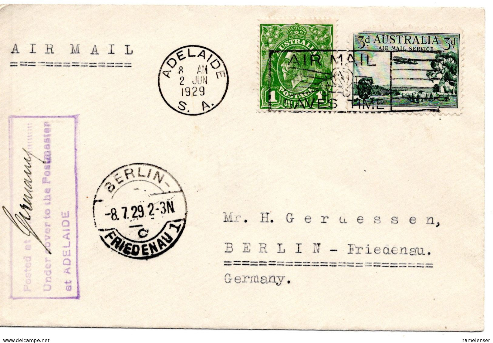 67241 - Australien - 1929 - 3d Luftpost (Mgl) MiF A LpBf ADELAIDE -> BERLIN (Deutschland) - Brieven En Documenten