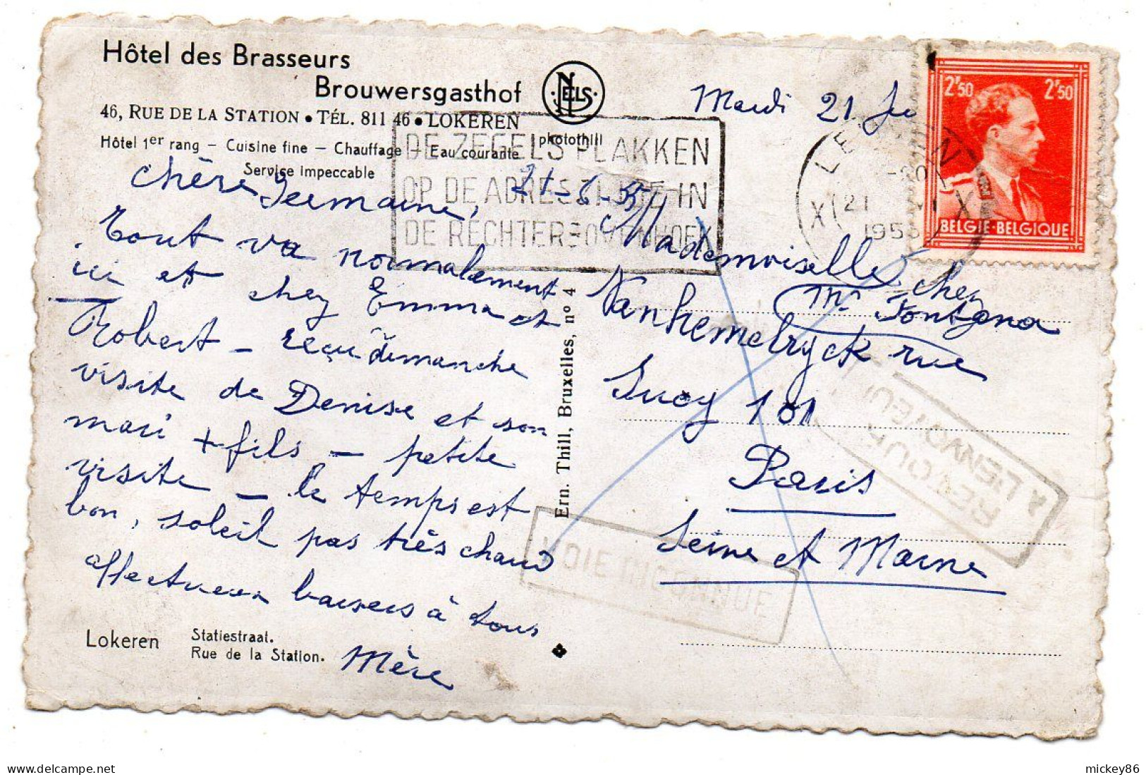 Belgique--LOKEREN--1955--Hôtel Des Brasseurs,rue De La Station (animée) ..carte Publicitaire.timbre..cachets - Lokeren