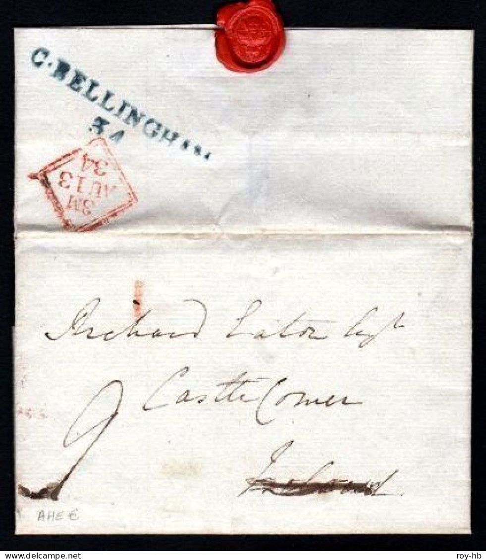 1834 EL From Dublin To Castlecomer, Reverse With A Very Fine Strike Of The Rare Abbreviated C.BELLINGHAM / 34 - Prephilately