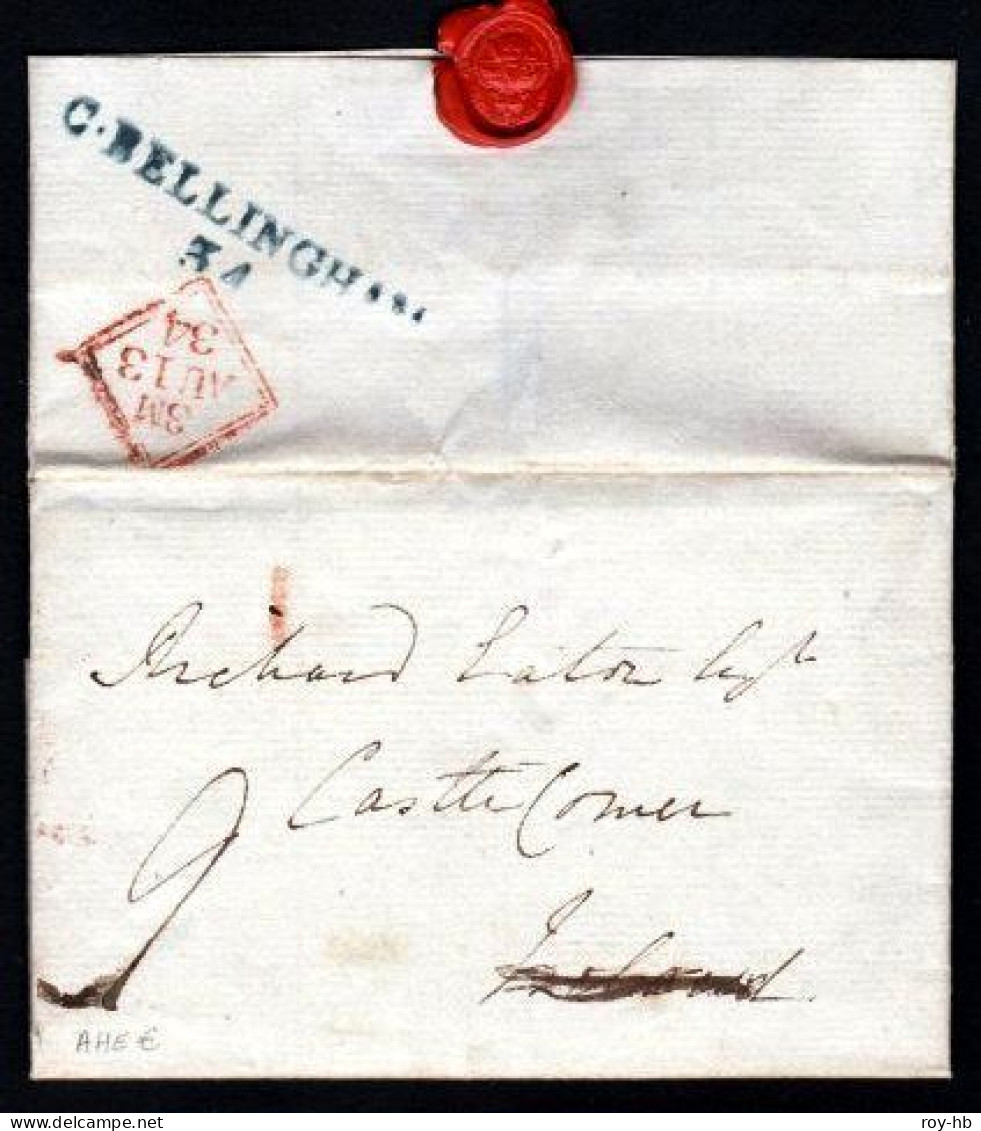 1834 EL From Dublin To Castlecomer, Reverse With A Very Fine Strike Of The Rare Abbreviated C.BELLINGHAM / 34 - Prefilatelia