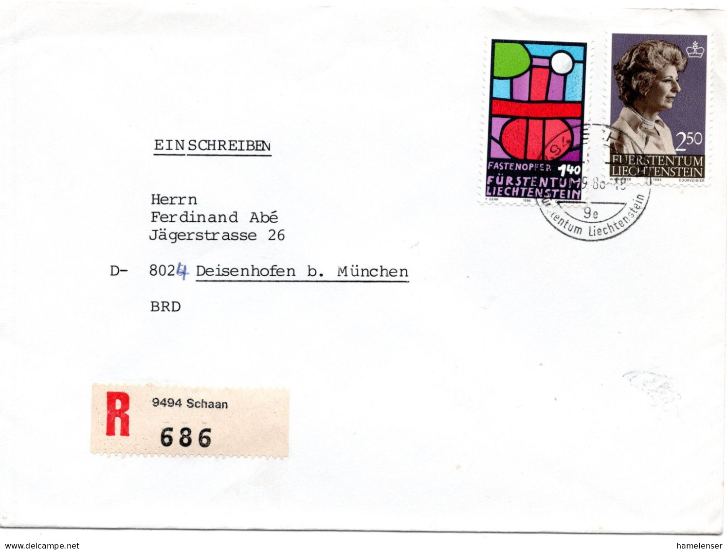 67248 - Liechtenstein - 1986 - 2,50Fr Fuerstin MiF A R-Bf SCHAAN -> Westdeutschland - Briefe U. Dokumente