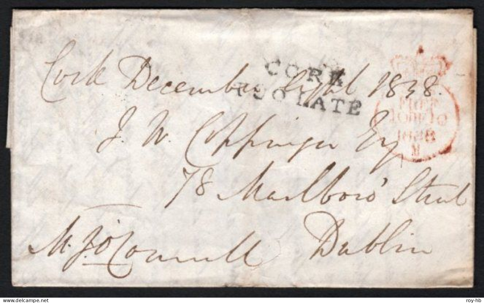 1838 EL To Dublin With Very Fine, Almost Complete CORK/TOO LATE In Black, Also With Dublin Crowned FREE - Prephilately